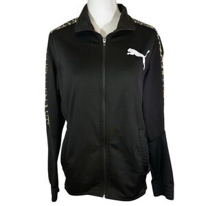🌸Puma- Black Zip UP Track Jacket with Cheetah Stripe on Sleeve- Size M